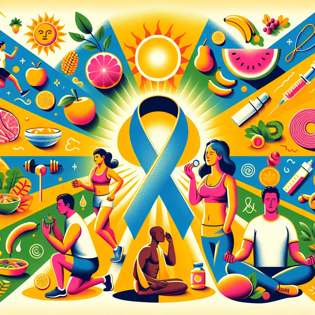 An illustration showcasing healthy lifestyle changes to prevent cancer, featuring diverse people engaging in activities like exercising, eating healthy foods, and wearing sun protection in a vibrant and optimistic setting, with a backdrop symbolizing cancer prevention efforts.