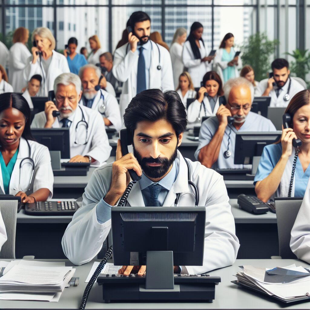 A diverse group of healthcare professionals engaged in a phone campaign, focusing on diabetes and heart failure awareness. The setting includes doctors and nurses in a modern office environment with phones and computers, symbolizing a large-scale health initiative.