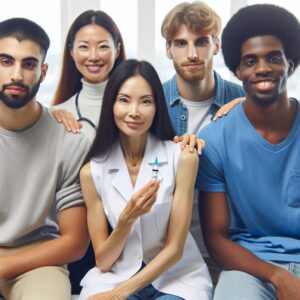 A diverse group of young adults, men and women, aged 18 to 26, sit together in a bright clinic setting. A friendly nurse holds an HPV vaccine, ready to administer it, symbolizing health and prevention. The atmosphere is positive and hopeful, reflecting the importance of vaccination in public health efforts.