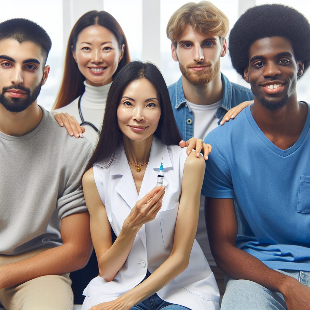 A diverse group of young adults, men and women, aged 18 to 26, sit together in a bright clinic setting. A friendly nurse holds an HPV vaccine, ready to administer it, symbolizing health and prevention. The atmosphere is positive and hopeful, reflecting the importance of vaccination in public health efforts.