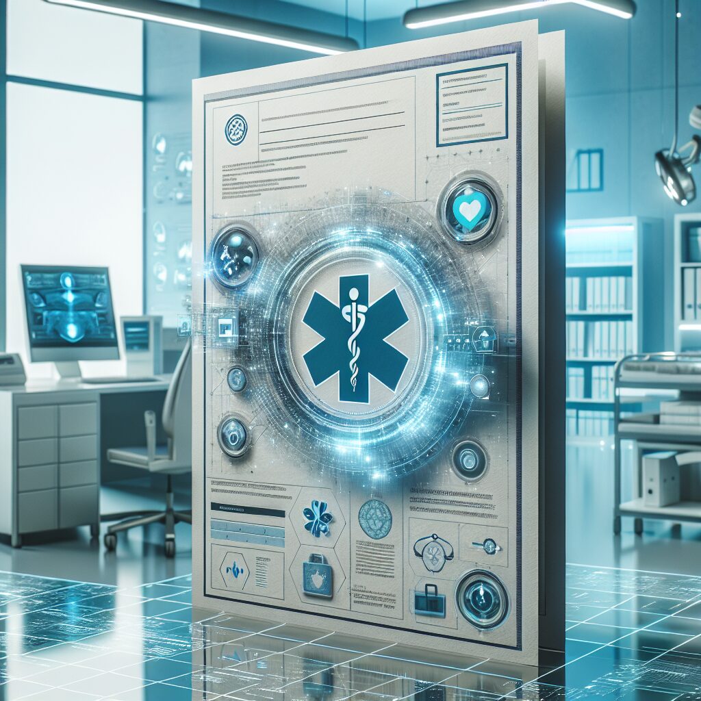 A futuristic, secure document with holographic features, blending a traditional paper form with digital security elements, set in a medical office environment with a computer in the background.