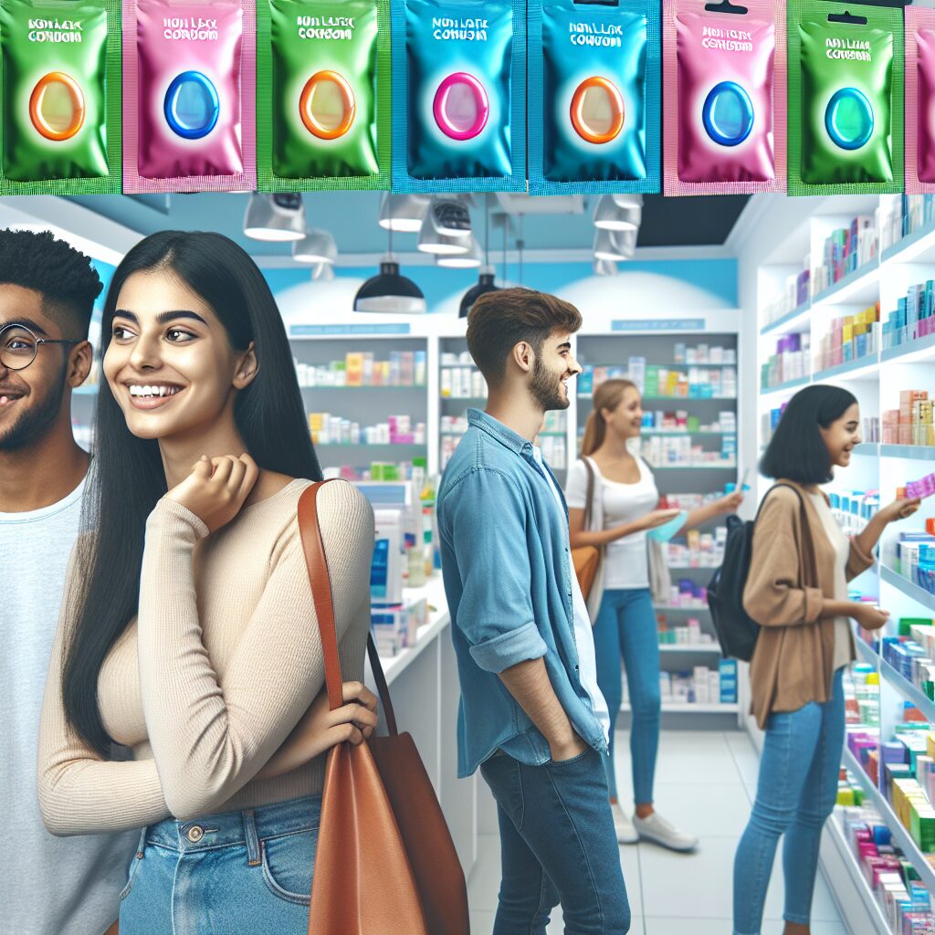 A diverse group of young adults happily holding free latex-free condoms in a pharmacy setting, with an emphasis on healthcare and youthfulness.