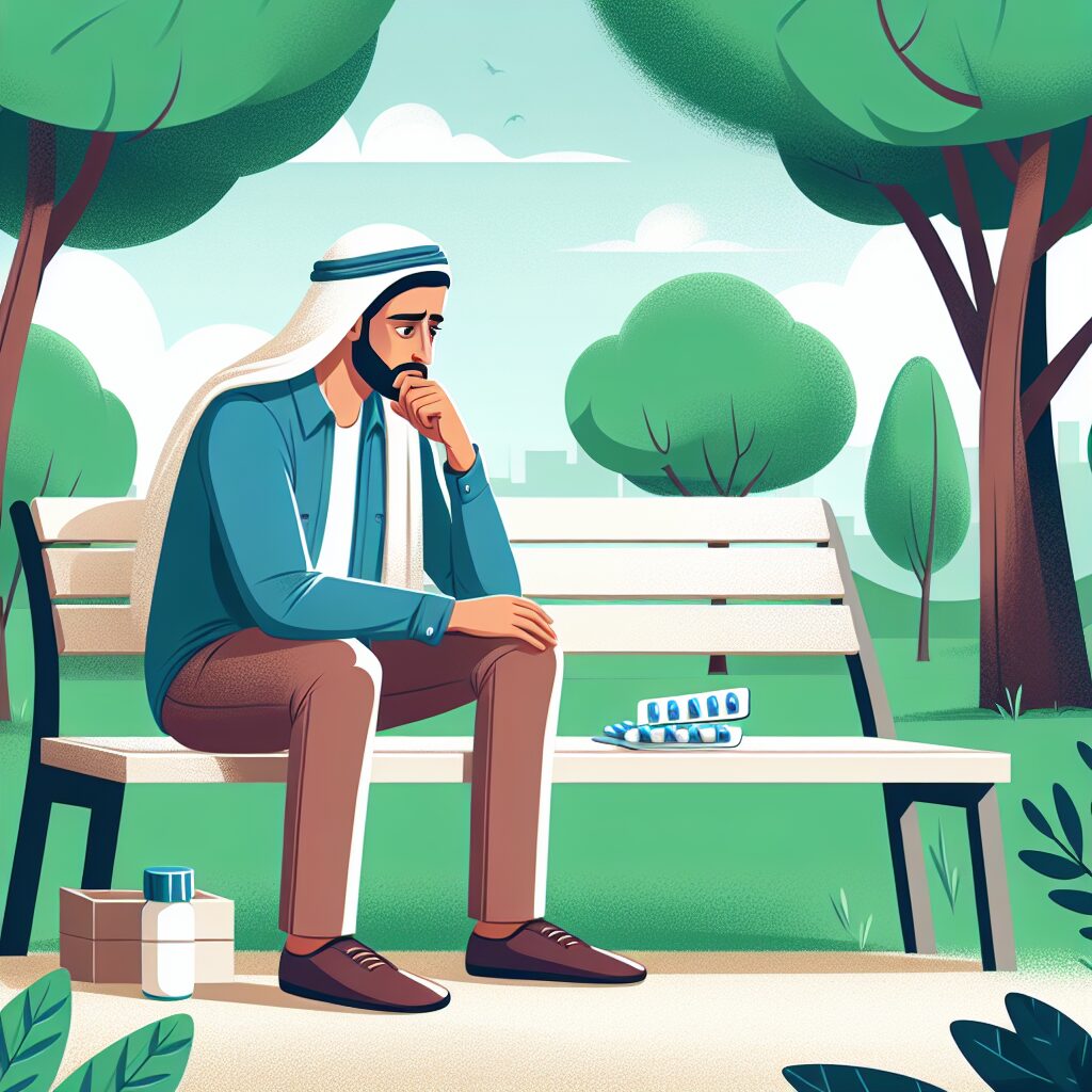 Illustration d'une personne réfléchissant sur un banc, une image représentant la réflexion et la recherche de calme et de paix intérieure, avec des tablettes de médicaments à côté.