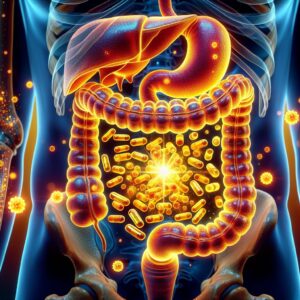 An illustration showing vitamin D supplements with a digestive system in the background, emphasizing a link to colorectal cancer prevention, vibrant colors, medical theme.