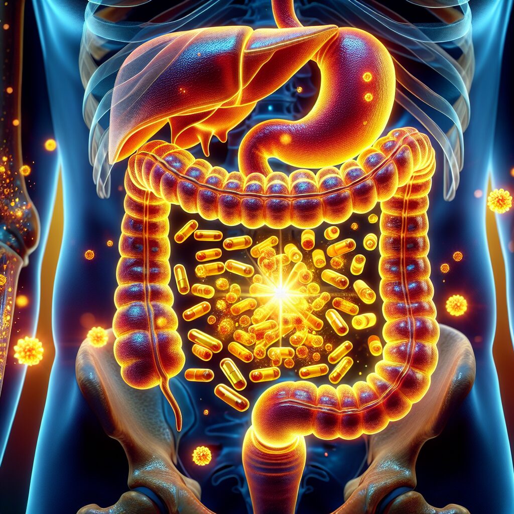 An illustration showing vitamin D supplements with a digestive system in the background, emphasizing a link to colorectal cancer prevention, vibrant colors, medical theme.