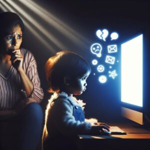 A young child sitting in front of a glowing screen, with shadows symbolizing negative impacts like attention disorders and language delay, a concerned parent observing in the background.