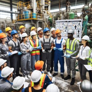 An insightful and educational scene depicting industrial workers in a factory environment, emphasizing safety measures and health awareness. Illustrate workers wearing protective equipment, interacting with health experts, and reviewing safety guidelines. The atmosphere should convey a sense of learning and proactive health management.