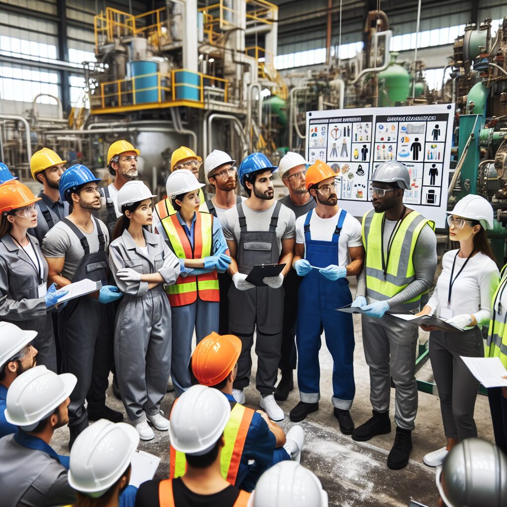 An insightful and educational scene depicting industrial workers in a factory environment, emphasizing safety measures and health awareness. Illustrate workers wearing protective equipment, interacting with health experts, and reviewing safety guidelines. The atmosphere should convey a sense of learning and proactive health management.