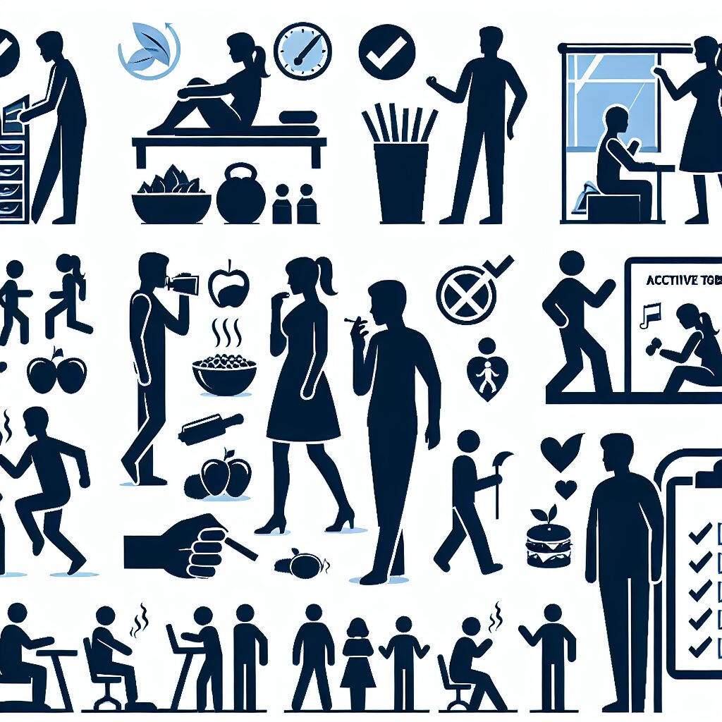 Illustration d'une silhouette humaine avec des choix de vie favorables pour la prévention du cancer, montrant différentes scènes quotidiennes comme une alimentation saine, l'exercice et l'évitement du tabac.