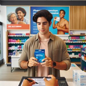 Un jeune adulte recevant une boîte de préservatifs sans latex "Manix sensitivity" gratuitement dans une pharmacie moderne, avec des affiches de sensibilisation à la santé sexuelle en arrière-plan.