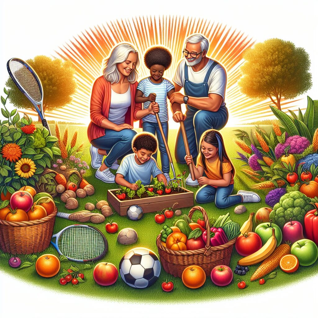 Illustration d'une famille de diverses générations menant une vie saine : les parents et enfants jardinent ensemble sous le soleil, avec des aliments sains autour d'eux et des équipements de sport à proximité. La scène doit transmettre un sentiment de bien-être et de santé préventive.