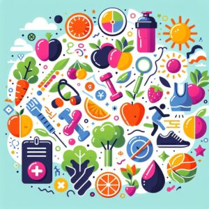 Une illustration représentant des habitudes de vie saines, avec des icônes de fruits, légumes, sport et protection solaire, le tout dans un style moderne et coloré.