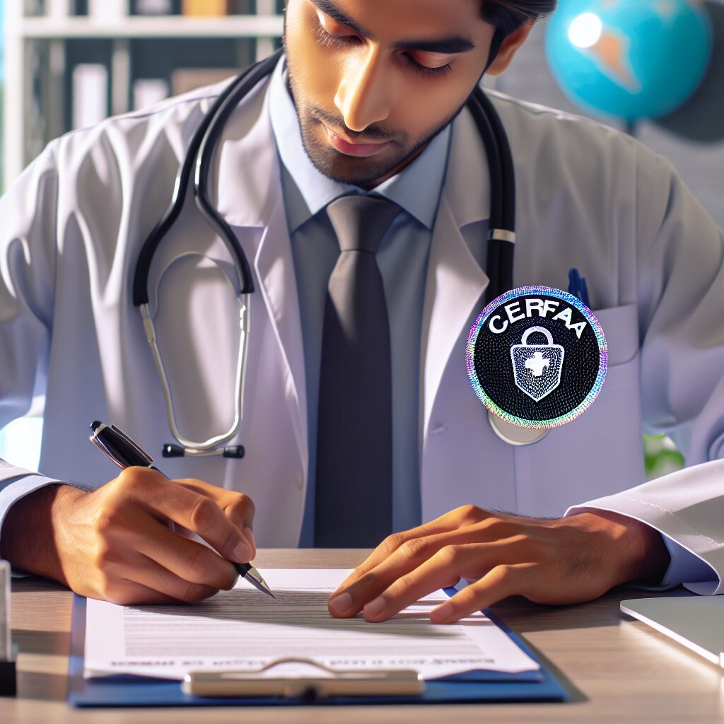 Image d'un médecin remplissant un formulaire Cerfa sécurisé avec des éléments de sécurité visibles comme une étiquette holographique, symbolisant la sécurité et la lutte contre la fraude dans le domaine de la santé, arrière-plan d'un cabinet médical moderne.