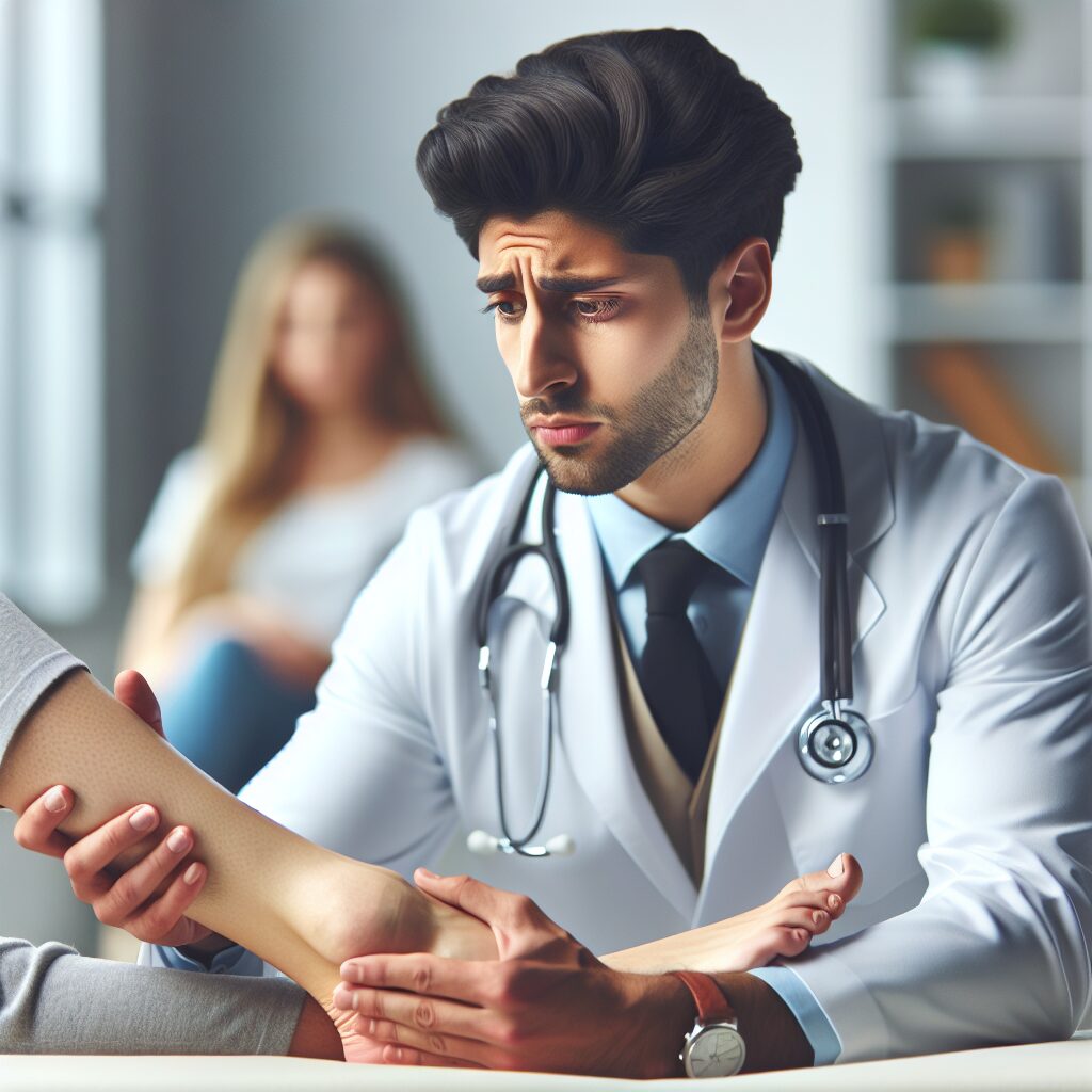 A worried medical professional, with a stethoscope, examining a swollen ankle of a patient, highlighting the potential severity of ankle sprains.