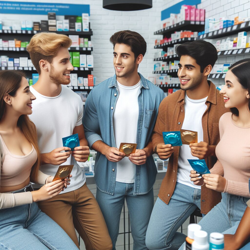 A diverse group of young adults, both male and female, discussing health benefits, while holding packages of latex-free condoms in a pharmacy setting. Bright and positive atmosphere.