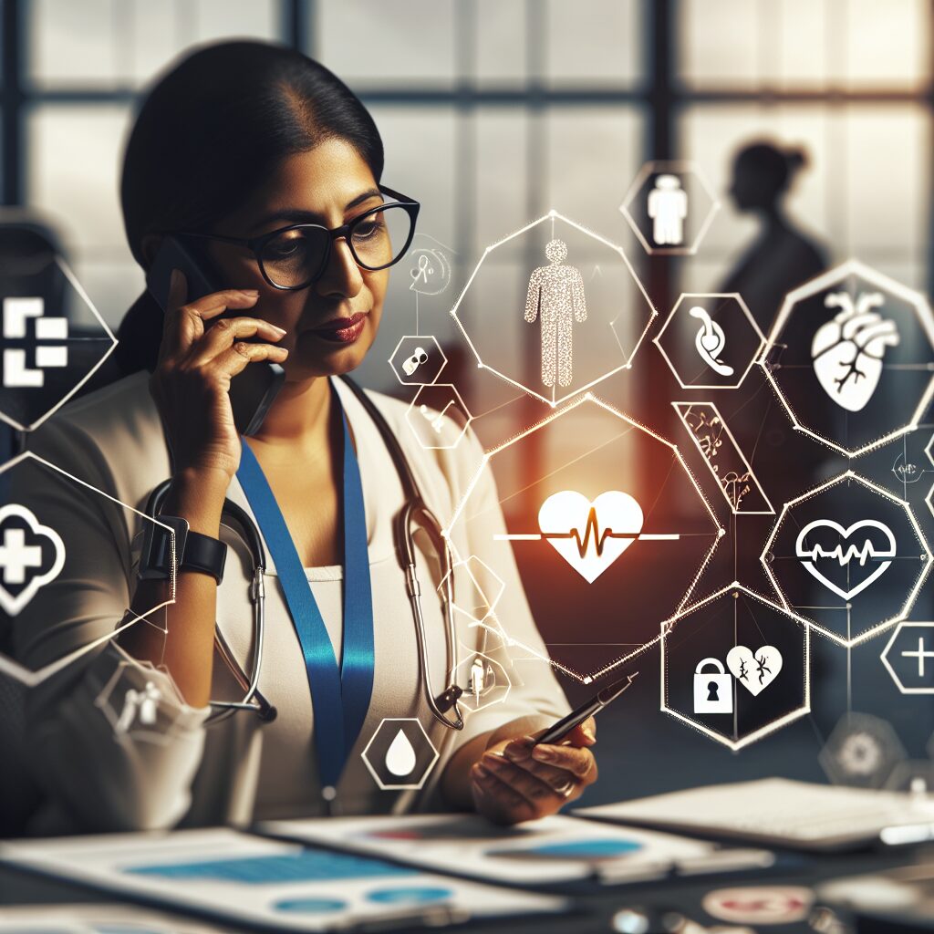 An illustration showing a doctor making a phone call, with symbols of a heart and a glucose meter in the background, symbolizing the connection between healthcare professionals and patients with chronic conditions like diabetes and heart failure.