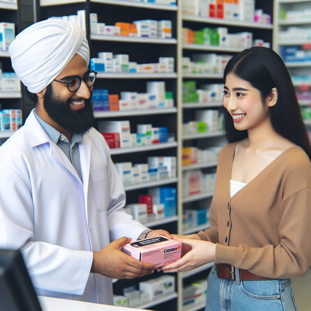 A young person in a pharmacy receiving a free box of latex-free condoms, with a pharmacist handing over the product. The setting is a modern pharmacy with shelves lined with various healthcare products, creating a welcoming and supportive atmosphere.