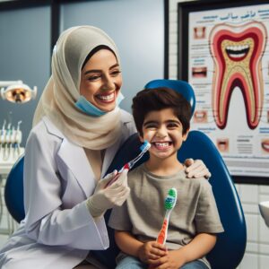 A cheerful child sitting in a dentist's chair, smiling brightly while a friendly dentist in a white coat examines their teeth. The child holds a colorful toothbrush, and the dentist points to a diagram of a healthy tooth. The setting is a brightly-lit dental office with posters about dental health on the walls.