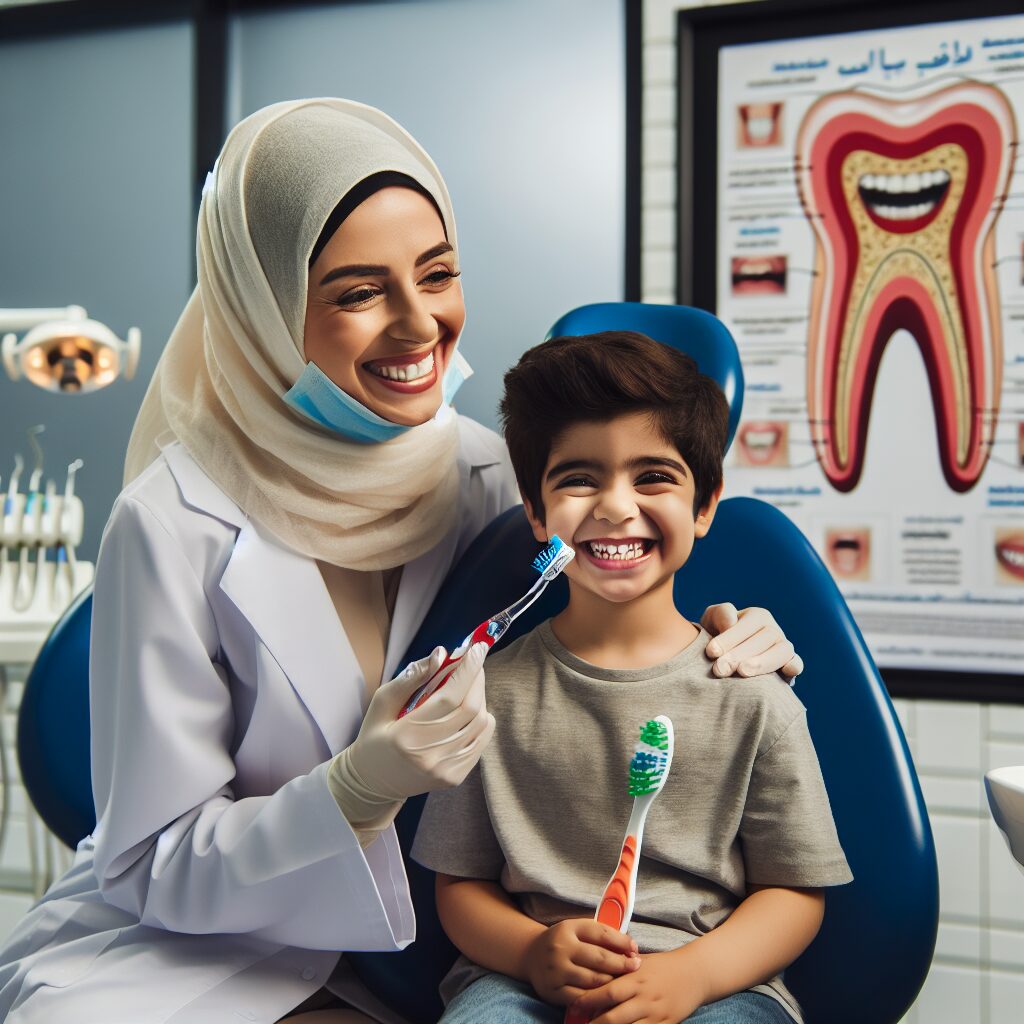 A cheerful child sitting in a dentist's chair, smiling brightly while a friendly dentist in a white coat examines their teeth. The child holds a colorful toothbrush, and the dentist points to a diagram of a healthy tooth. The setting is a brightly-lit dental office with posters about dental health on the walls.