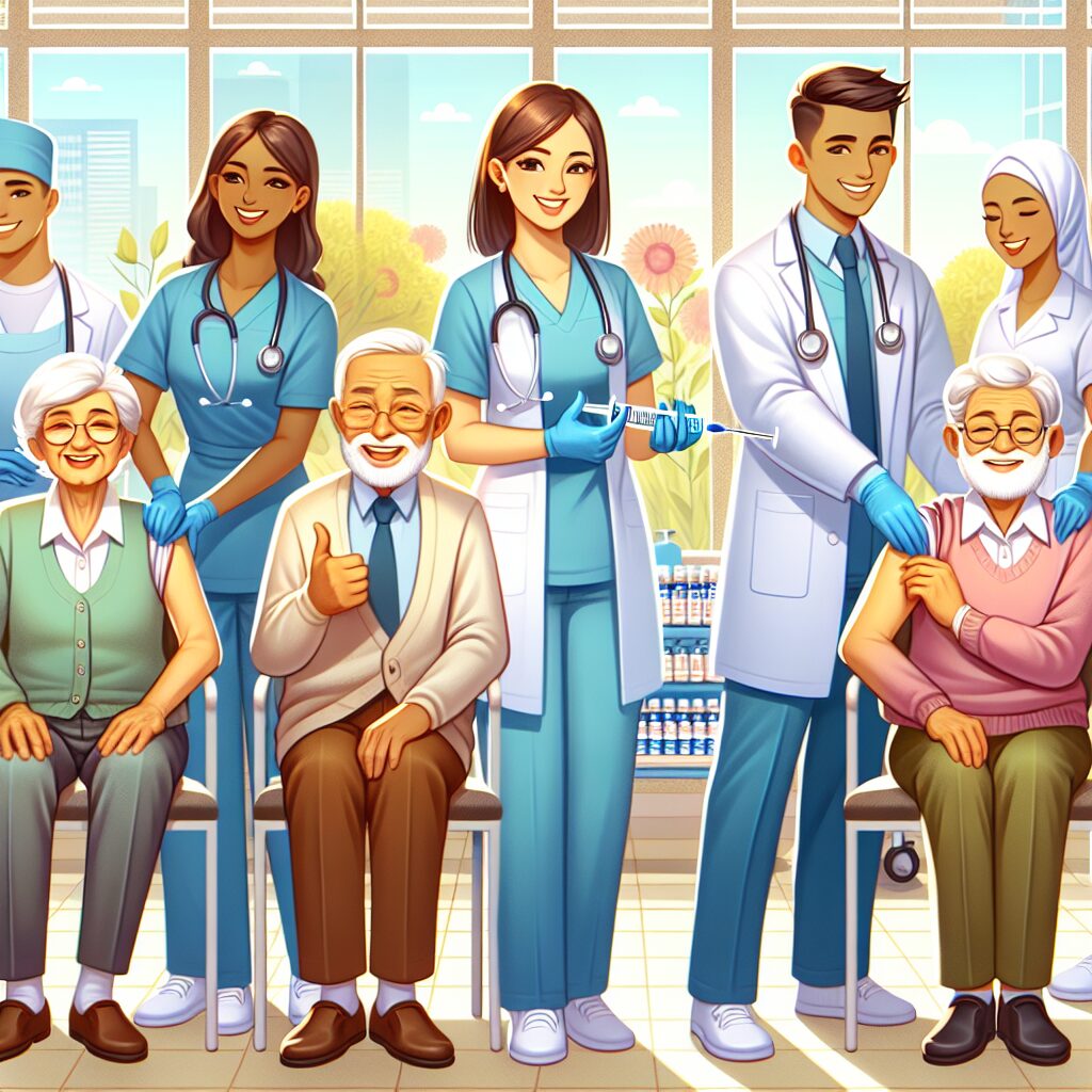 Springtime vaccination campaign against Covid-19 in a healthcare setting, with nurses and elderly individuals, bright and optimistic atmosphere, healthcare illustration.