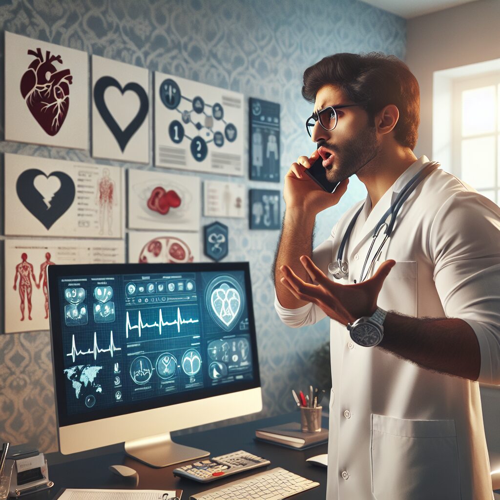 A concerned doctor speaking on the phone, with a computer displaying health data and diagrams in the background, surrounded by symbolic elements of heart health and diabetes care like heart shapes and glucose monitors.