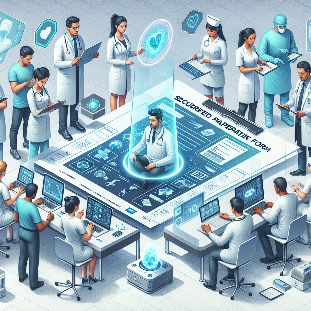 An illustration of a secure paper form with holographic elements and magnetic ink, depicting a futuristic and secure document setting, with medical professionals and patients interacting with digital devices.