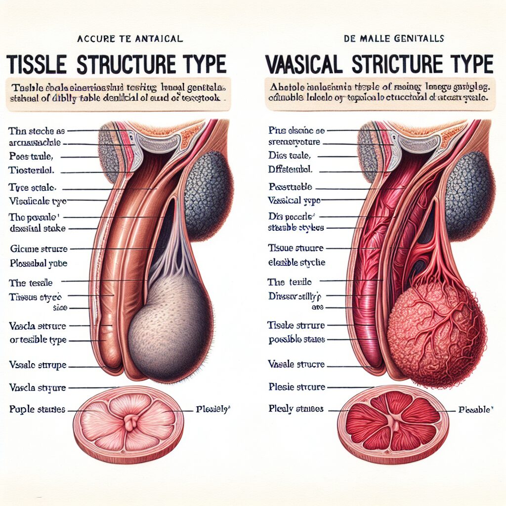 An illustrative anatomical drawing comparing two types of penises, one labeled 'flesh penis' and the other 'blood penis', showing differences in size and elasticity, set against a neutral medical background.