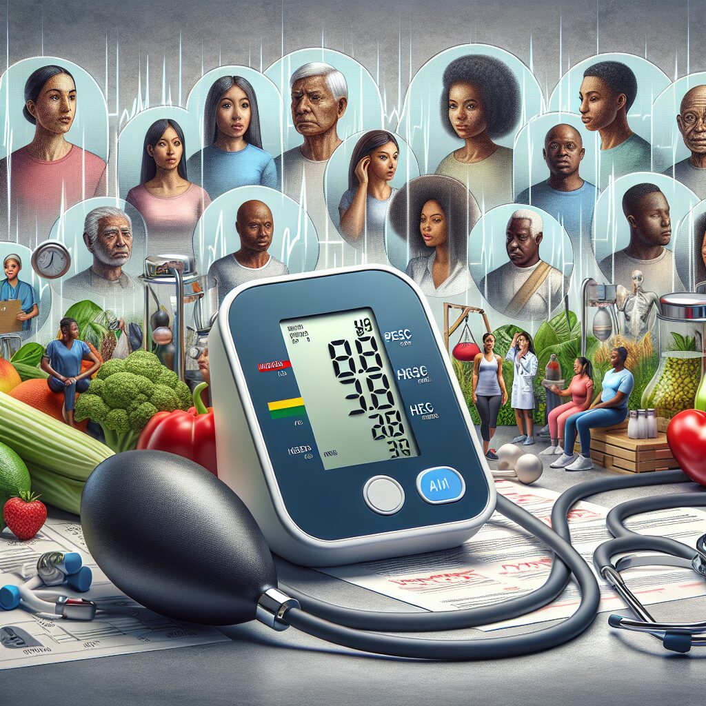 A medical illustration of a digital blood pressure monitor showing readings, with a diverse group of people appearing concerned or unaware, symbolizing the silent nature of hypertension. The background should reflect a clinical or healthy lifestyle setting.