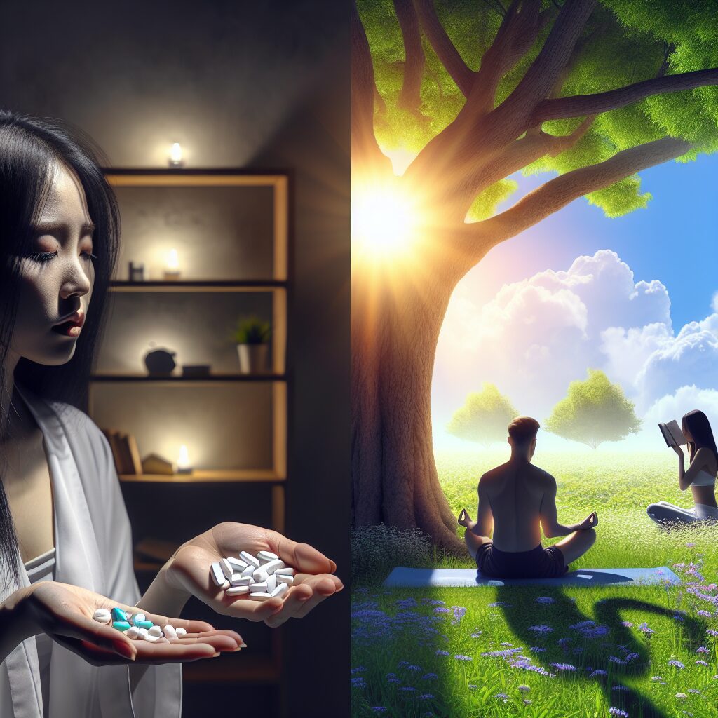 An image depicting a split scene: one half showing a person taking medication in a dark, dimly-lit interior symbolizing anxiety and insomnia; the other half showing a bright, serene outdoor scene with a person practicing yoga, reading a book under a tree, representing natural remedies and lifestyle changes.