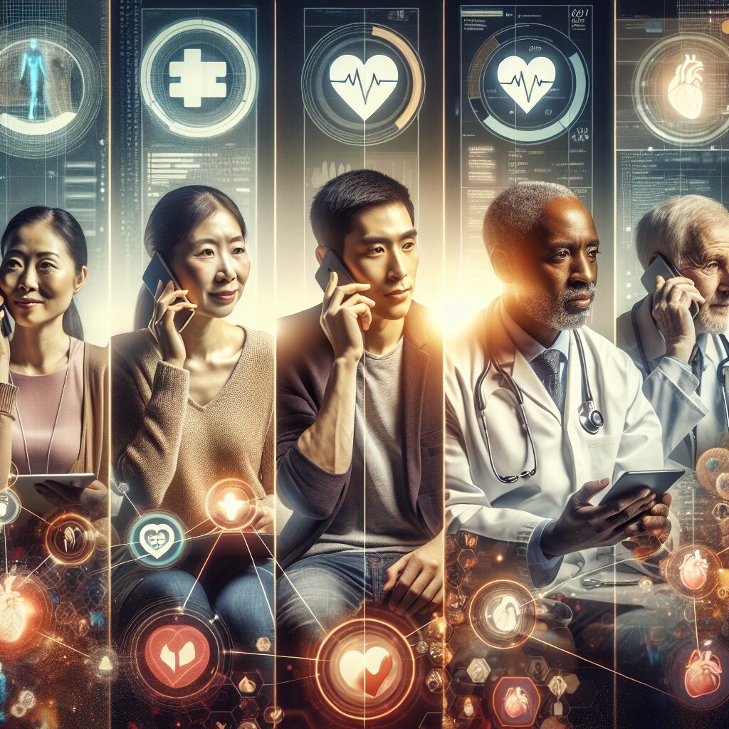 A diverse group of people talking on the phone, representing patients with diabetes and heart conditions. The image should convey communication, healthcare, and support. The background should suggest a healthcare setting, with a blend of technology and empathy.