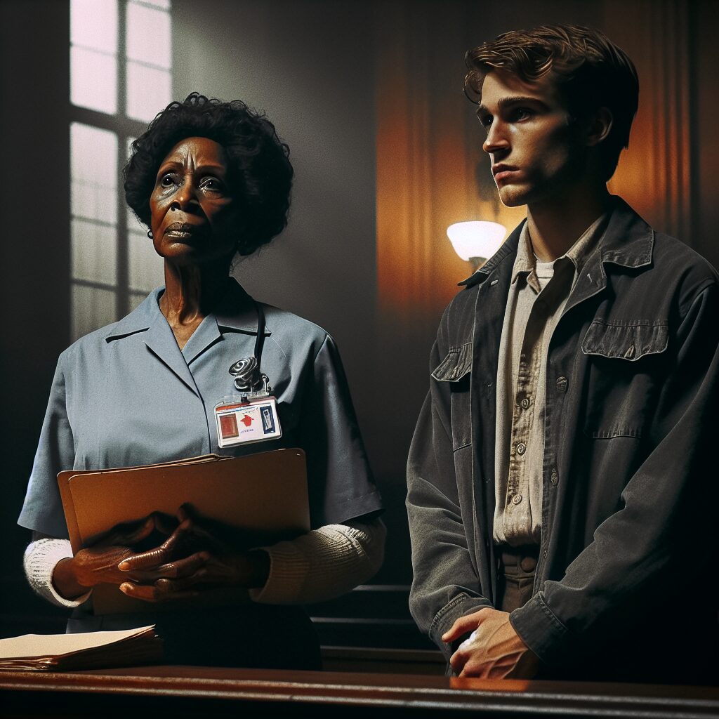 A powerful and emotional courtroom scene where a mother and her adult son stand together, looking resolute as they testify. The atmosphere is solemn and tense, reflecting the gravity of their testimony against a backdrop of a dimly lit courtroom. The mother, an experienced health worker, holds a hospital chart, while the son, a determined young man, stands beside her.
