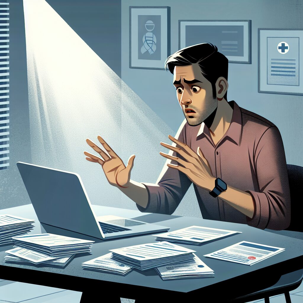 Illustration of a concerned patient reviewing medical documents on a laptop, symbolizing vigilance against healthcare fraud.