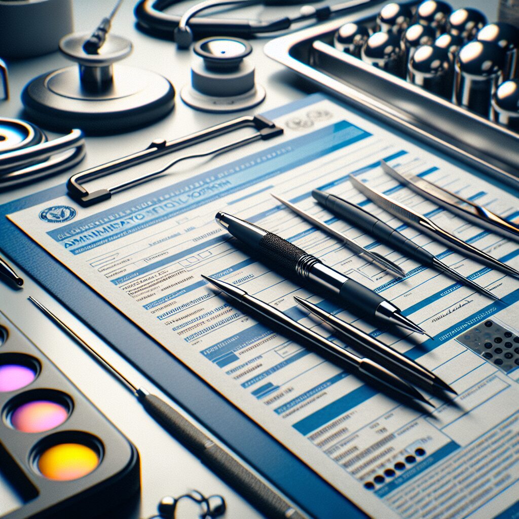 Un formulaire administratif officiel en plusieurs volets, avec des éléments de sécurité comme des hologrammes et de l'encre magnétique, posé sur un bureau avec des équipements médicaux en arrière-plan.