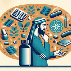 An illustration showing anxiety and insomnia treatment with a balance between medication and natural remedies. It depicts a person considering both a pill bottle and engaging in relaxation activities like yoga or reading.
