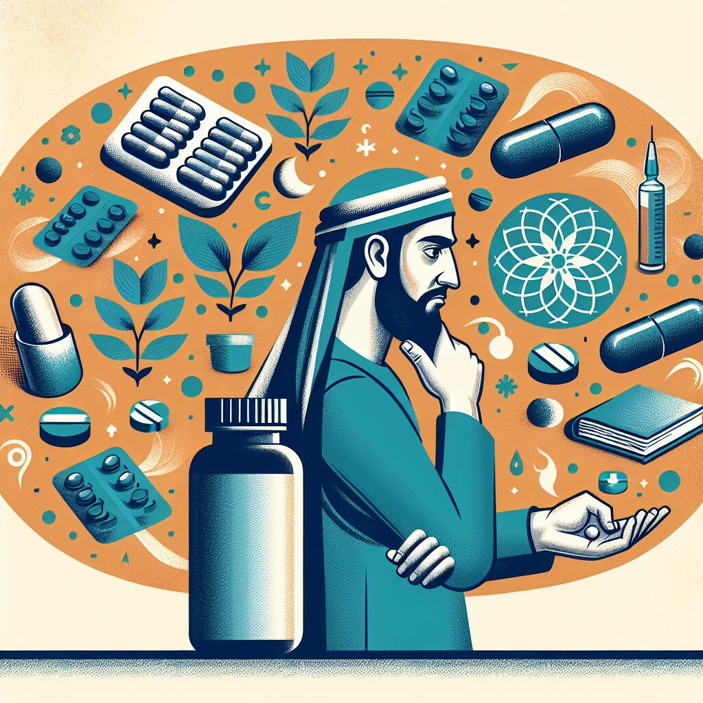 An illustration showing anxiety and insomnia treatment with a balance between medication and natural remedies. It depicts a person considering both a pill bottle and engaging in relaxation activities like yoga or reading.