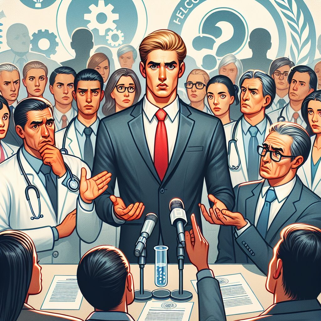 An image depicting a tense political atmosphere in the White House with Donald Trump and Robert Kennedy Jr. during the presentation of a health report, surrounded by skeptical scientists and journalists questioning the validity of the data.