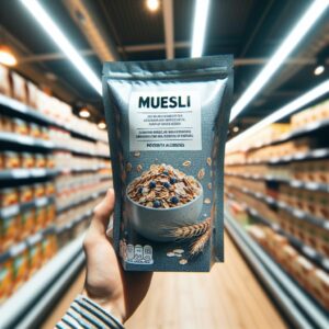 A close-up image of a Bjorg muesli cereal package on a grocery store shelf, emphasizing the packaging text and potential allergens warning, in a brightly lit supermarket environment.