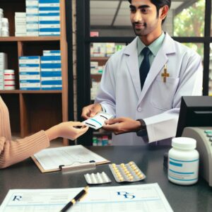 Illustration d'un pharmacien remettant un médicament antidiabétique à un patient, avec des documents administratifs sur le comptoir, symbolisant le processus de remboursement en pharmacie.