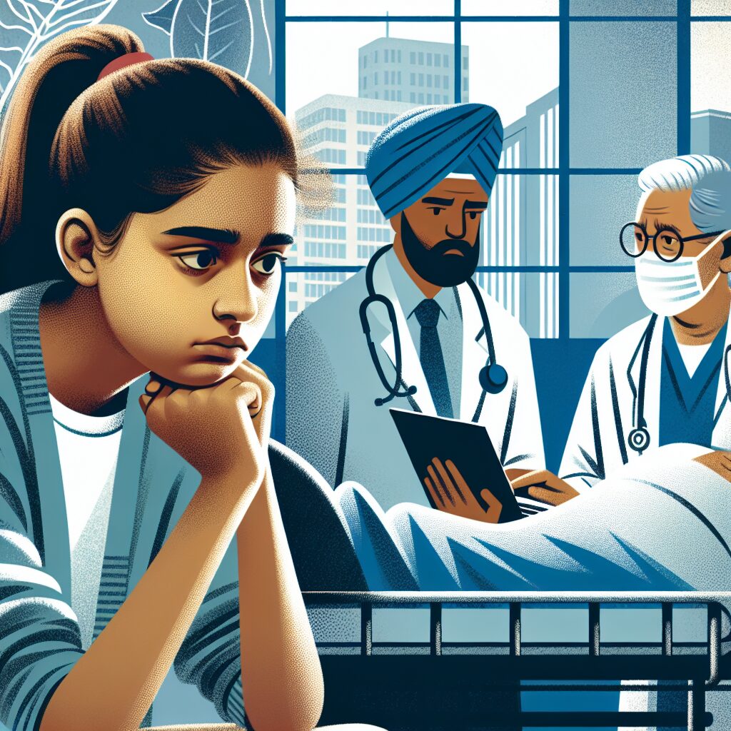 An illustrative image showing a concerned teenager sitting on a hospital bed, with healthcare professionals in the background, reflecting the mental health crisis among adolescents in France.