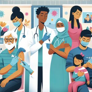 A vibrant and informative illustration showing diverse individuals, including elderly people, healthcare workers, and families, receiving vaccinations in a community health center with blooming spring flowers and protective gestures.