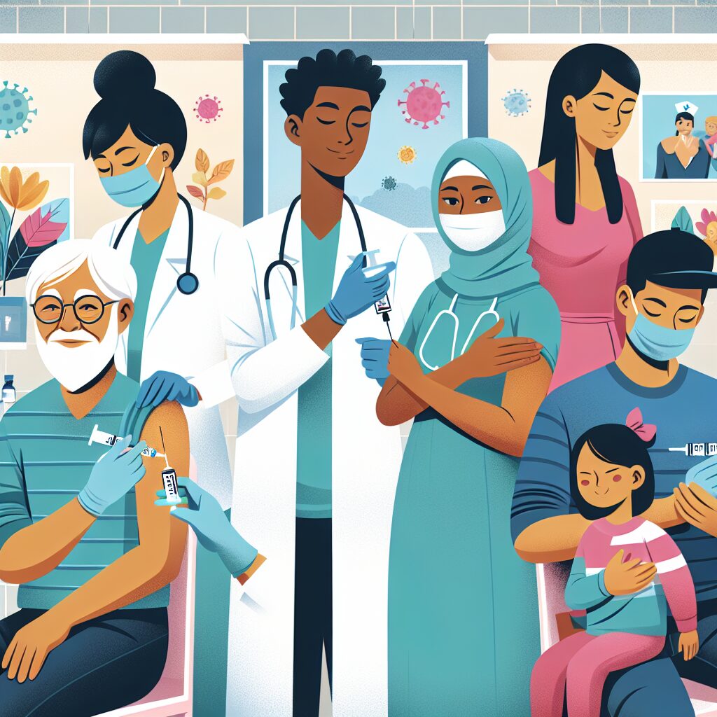 A vibrant and informative illustration showing diverse individuals, including elderly people, healthcare workers, and families, receiving vaccinations in a community health center with blooming spring flowers and protective gestures.