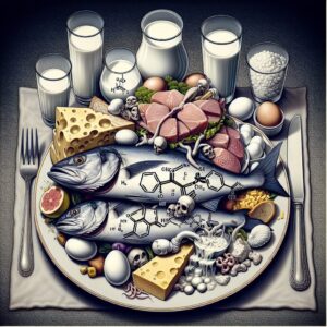 A detailed illustration of a dinner plate overflowing with various foods like fish, eggs, and dairy, highlighted with symbols of contamination and chemicals to signify the presence of PFAS pollutants.