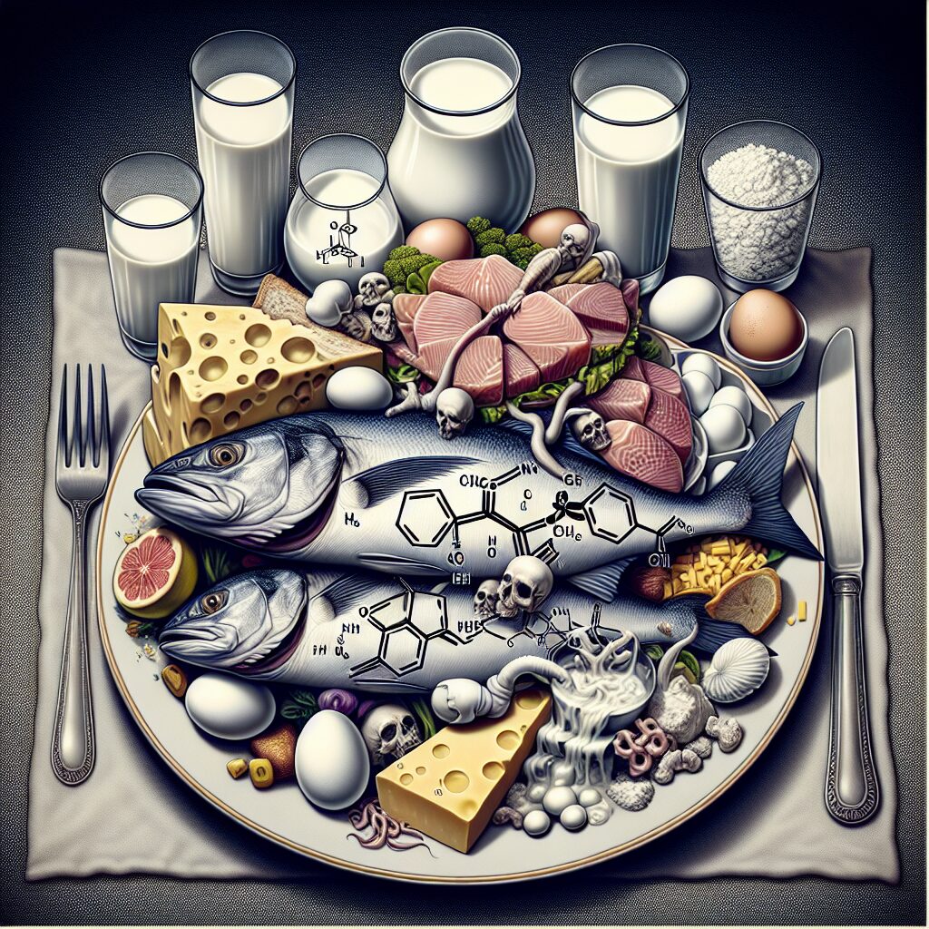 A detailed illustration of a dinner plate overflowing with various foods like fish, eggs, and dairy, highlighted with symbols of contamination and chemicals to signify the presence of PFAS pollutants.