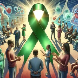 A symbolic representation of organ donation awareness, featuring a green ribbon and people engaging in heartfelt discussions about organ donation, set in a context of hope and generosity.