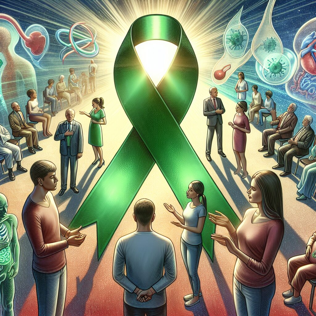A symbolic representation of organ donation awareness, featuring a green ribbon and people engaging in heartfelt discussions about organ donation, set in a context of hope and generosity.