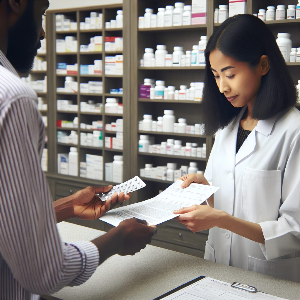 A pharmacy counter with a pharmacist handing a document over the counter to a patient, who holds a prescription in one hand. In the background, shelves filled with medicines. The atmosphere is professional and focused, depicting a typical interaction in a French pharmacy regarding prescription medications.