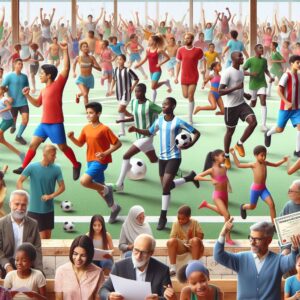 A diverse group of people, including children and adults, participating in various sports such as football and swimming. They are at a community sports event, with some showing certificates, depicting the theme of medical clearance for sports activities. The setting should convey an inclusive and lively atmosphere, capturing the essence of community sports.
