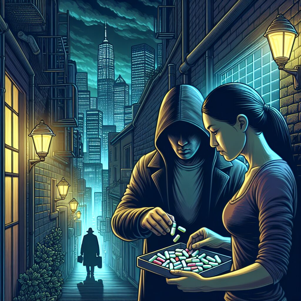 A cautionary scene depicting a city street at night, subtly showing the misuse of pregabalin as a drug, with nameless figure exchanging capsules in a shadowy alley. The atmosphere is tense and the environment urban, illustrating the clandestine nature of the transaction.