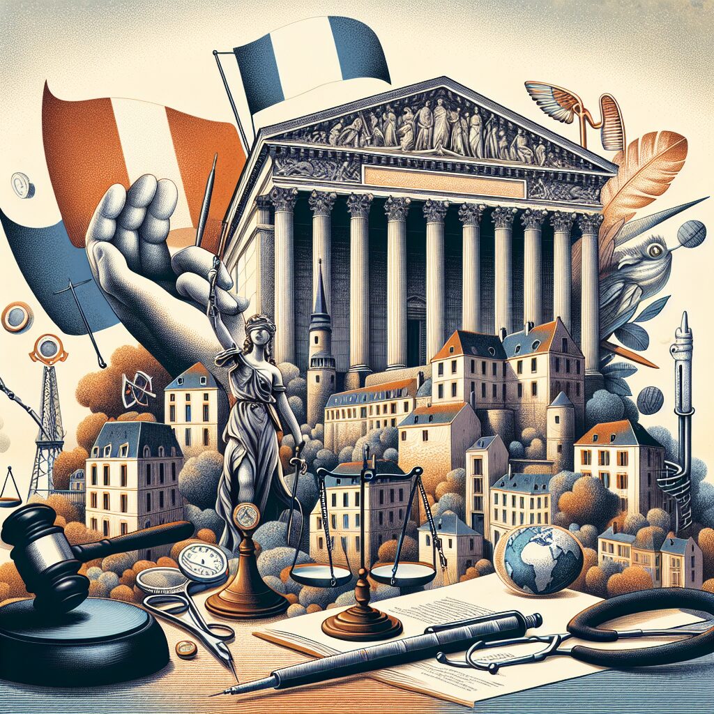 An artistic, thoughtful illustration depicting the cultural practices around circumcision in France, showing both religious traditions and the legal debates surrounding them. Include symbolic elements of law and medicine.
