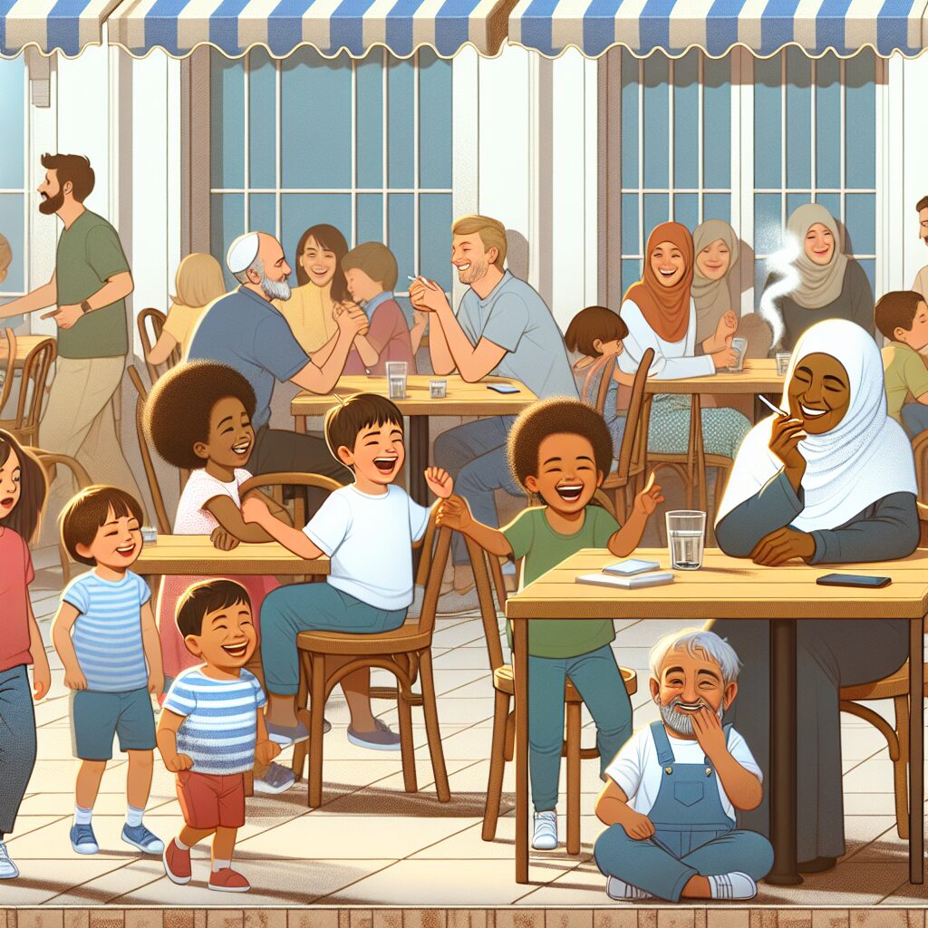 Un café animé avec des familles, des enfants jouant à proximité des tables, et une personne fumant une cigarette en terrasse, dégageant une atmosphère animée mais préoccupante pour la santé.